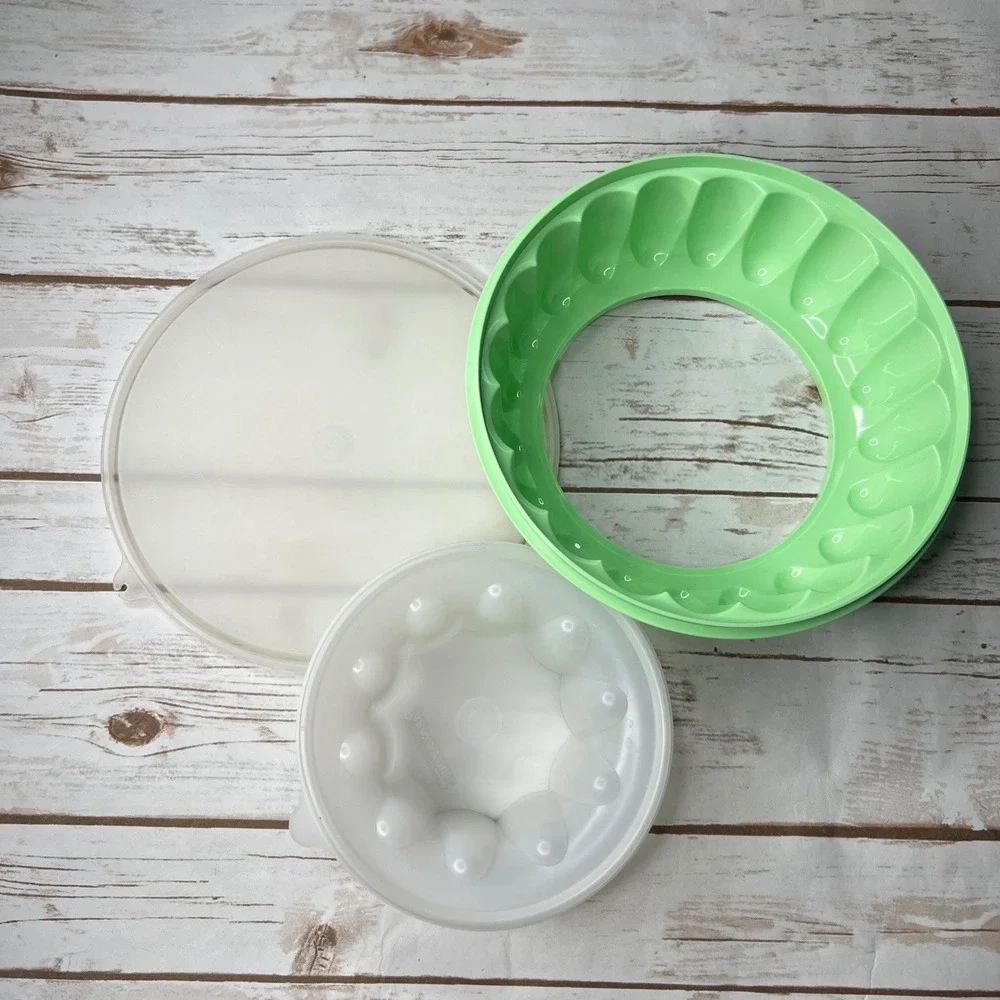 Tupperware Jel-Ring Mold Mint Green Sheer White 3‎ Piece Set 9.5 Inch